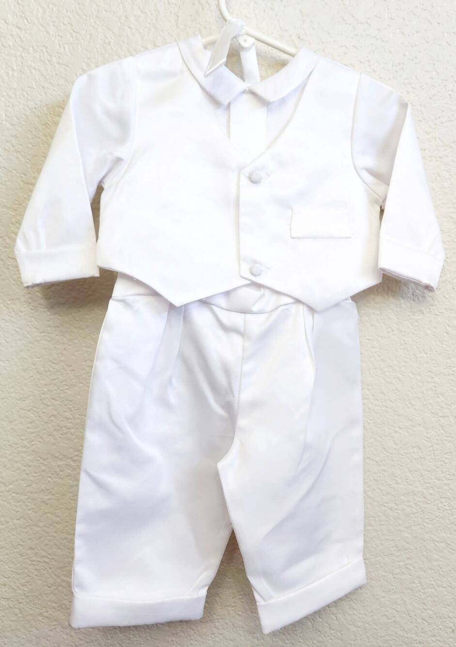 White 3 Pc Dress Pants and Shirt & Vest Combo With Bonnet 6-9 Months Lightweight